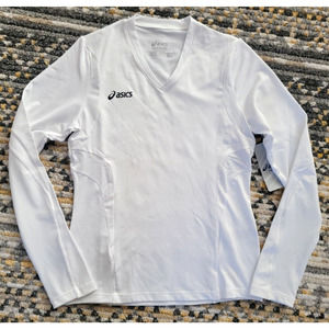 Asics Women’s Size XS Mintonette White Jersey Active Long Sleeve Mesh V Neck Top